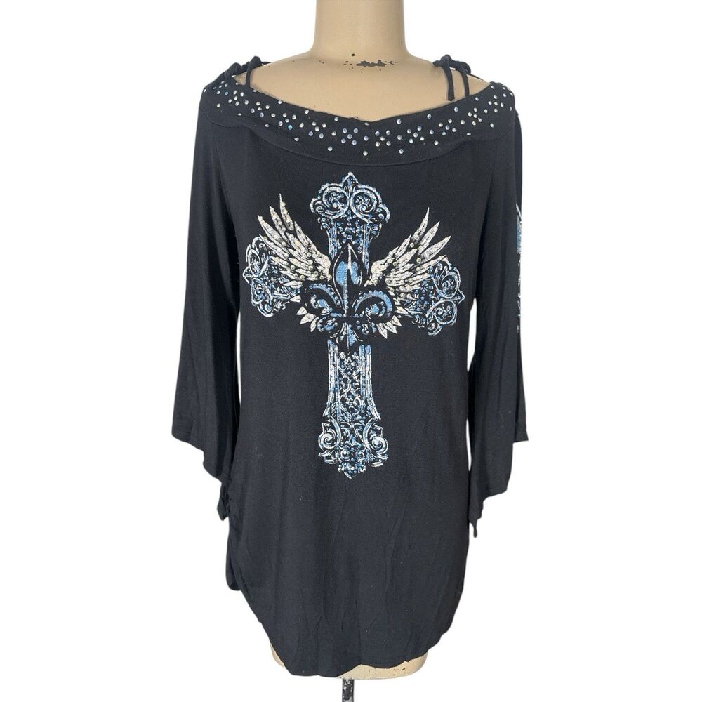 Women’s Black Sequined Bedazzled-cross Fluer De Stretch Jersey Tunic Blouse Sz M - Picture 1 of 4
